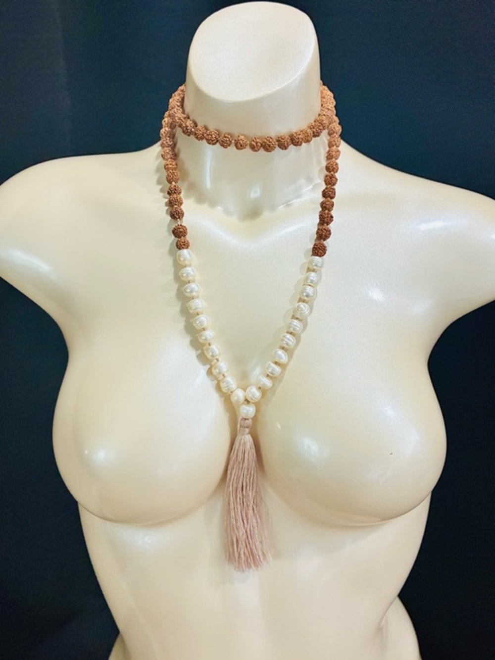 VTG Textured Brown and Cream Baroque Beaded Blush Silk Tassel Necklace EUC